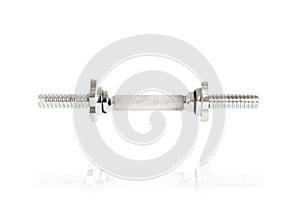 Metal dumbbell bar without weight plates on white background