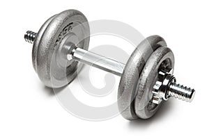 Metal dumbbell for fitness with chrome silver handle isolated on white