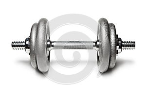 Metal dumbbell for fitness with chrome silver handle isolated on white