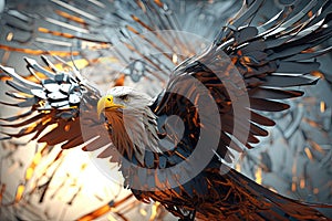 Metal eagle concept art with free bird. Generative AI