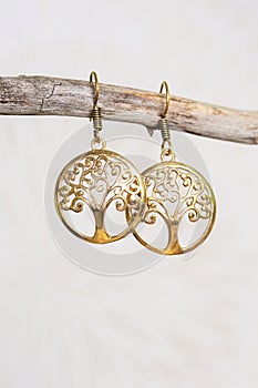 metal earrings in ornamental shape hanging on neutral background