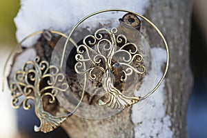 metal earrings on outdoor natural background