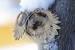 Metal earrings on outdoor natural background