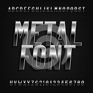 Metal effect alphabet font. Oblique chrome letters, numbers and symbols.