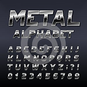 Metal effect alphabet font. Steel numbers, symbols and letters.