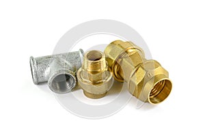 Metal elbow fittings for pipes, isolated white background.Tools and materials for sanitary works.