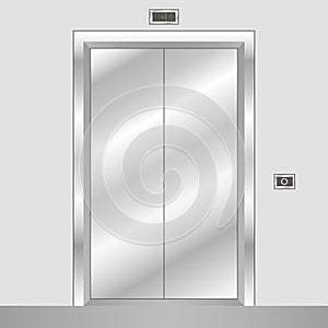 Metal elevator with closed doors. Realistic office building lift. Vector.