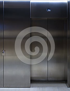 Metal elevator doors closed on second floor