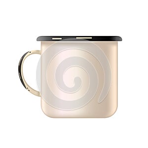 Metal enamel mug. Mock up, template, blank. Old style. To place the logo. Isolated white background.