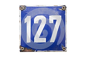 Metal enameled plate of number 127