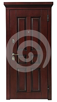 Metal entrance door with a door frame, isolated on white background.