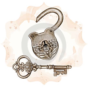 Metal fantasy victorian key and open lock