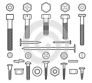 Metal fasteners line icons set