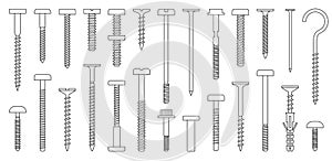 Metal fasteners outline vector set icon.Vector illustration isolated, icon metal screw and bolt on white background