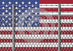 Metal fence with barbed wire on a USA flag. Separation concept, borders protection. Social issues on refugees