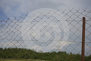 Metal fence - forest trees green grass blurred background. wire fence looking through onto a green farmers field