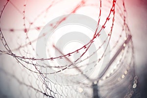 Metal fence, which is wound on top of a spiral barbed wire, highlighted in red light