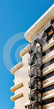 Metal fire escape on facade of modern building with blue sky