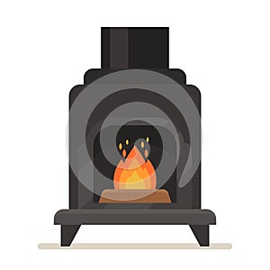 Metal Fireplace With Burning Fire. Iron Black Stove with Chimney Isolated on White Background, Indoors Modern System