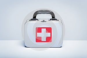 Metal first aid kit on light grey background