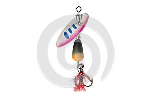 Metal fishing lure isolated on white background. Spinner lure isolated