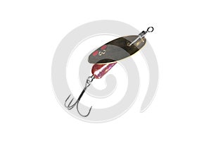 Metal fishing lure isolated on white background. Spinner lure isolated