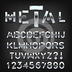 Metal font with shadow on black background. Chrome typeface symbols and letters.