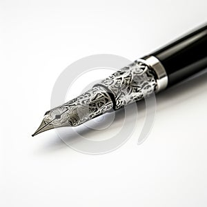 Metal Fountain Pen With Intricate Engravings - High Contrast Composition