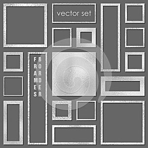 Metal frames set with shadows isolated on gray background. Pack of silver luxury realistic square, rectangular borders. Vector