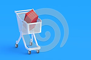 Metal freight container in market cart. Copy space