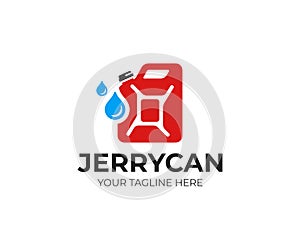 Metal fuel tank logo template. Jerry can and droplets of oil vector design