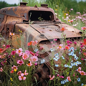 Metal garbage car on field, old rusty abandoned crashed transport standing in summer meadow with wildflowers