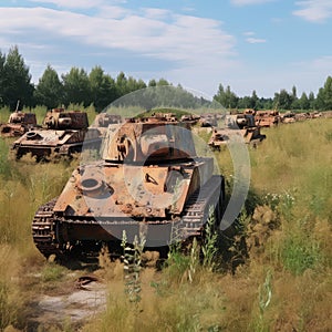 Metal garbage on field, old rusty abandoned crashed panzers standing in summer meadow. after war concept