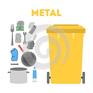 Metal garbage set. Trash container for metal rubbish only