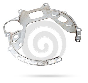 A metal gasket between the engine and a metal gearbox to seal the joint in a car during repairs. Catalog of spare parts for