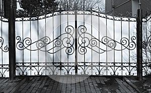 Metal gate with ornamental, iron fence, black and white