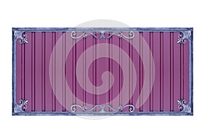 Metal gate section made of profiled metal. Purple fence with forging on white background. Isolated