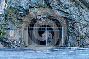 Metal gates blocking a tunnel through a mountain