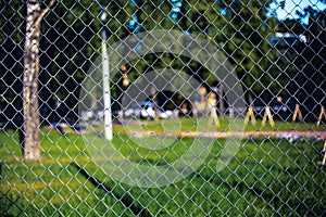 Metal gauze of a fencing. A view through the net to the street, on a summer sunny day. Background image.