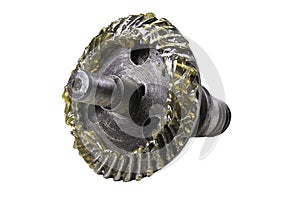 Metal gear wheel coated with machine grease. Spare parts for machines and industrial devices