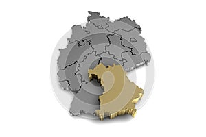 Metal germany map, with bayern region, highlighted in gold.