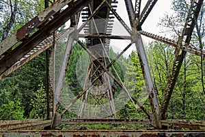 Metal girders underneath the historic Salt Creek railroad trestle on the Cascade Subdivision near Oakridge, Oregon, USA