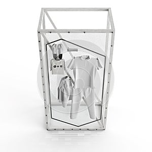 Metal and glass laundry basket filled with clothing items on a white background, 3D rendered