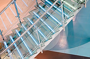 Metal glass staircase with neon, led backlight.