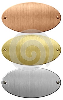 Metal, gold and bronze oval plates or plaques with clipping path included