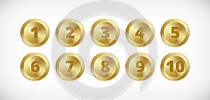 Metal gold circle buttons with numbers set. Vector Metallic textured golden badges, shiny design elements for background