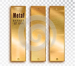 Metal gold vertical banners set realistic. Vector Metal brushed plates with a place for inscriptions isolated on
