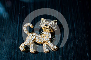 Metal Golden brooch in the form of a kitten or a tiger cub with white stones, rhinestones. On a black glossy, reflective backgroun