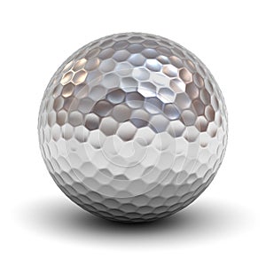 Metal golf ball over white background with reflection and shadow