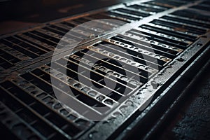 A metal grate made of steel bars designed for pedestrian or vehicle traffic